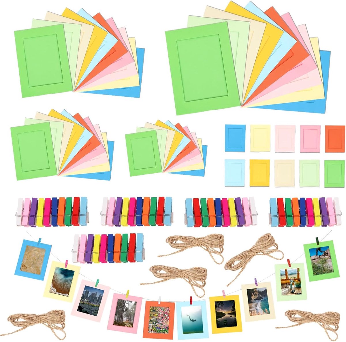 Papieren fotolijsten set met kleurrijke clips en snaren voor wanddecoratie