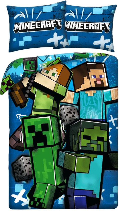 Dekbedovertrek met Minecraft-personages zoals Alex, Steve, creeper en zombie. Blauwe achtergrond met 'Minecraft' logo.