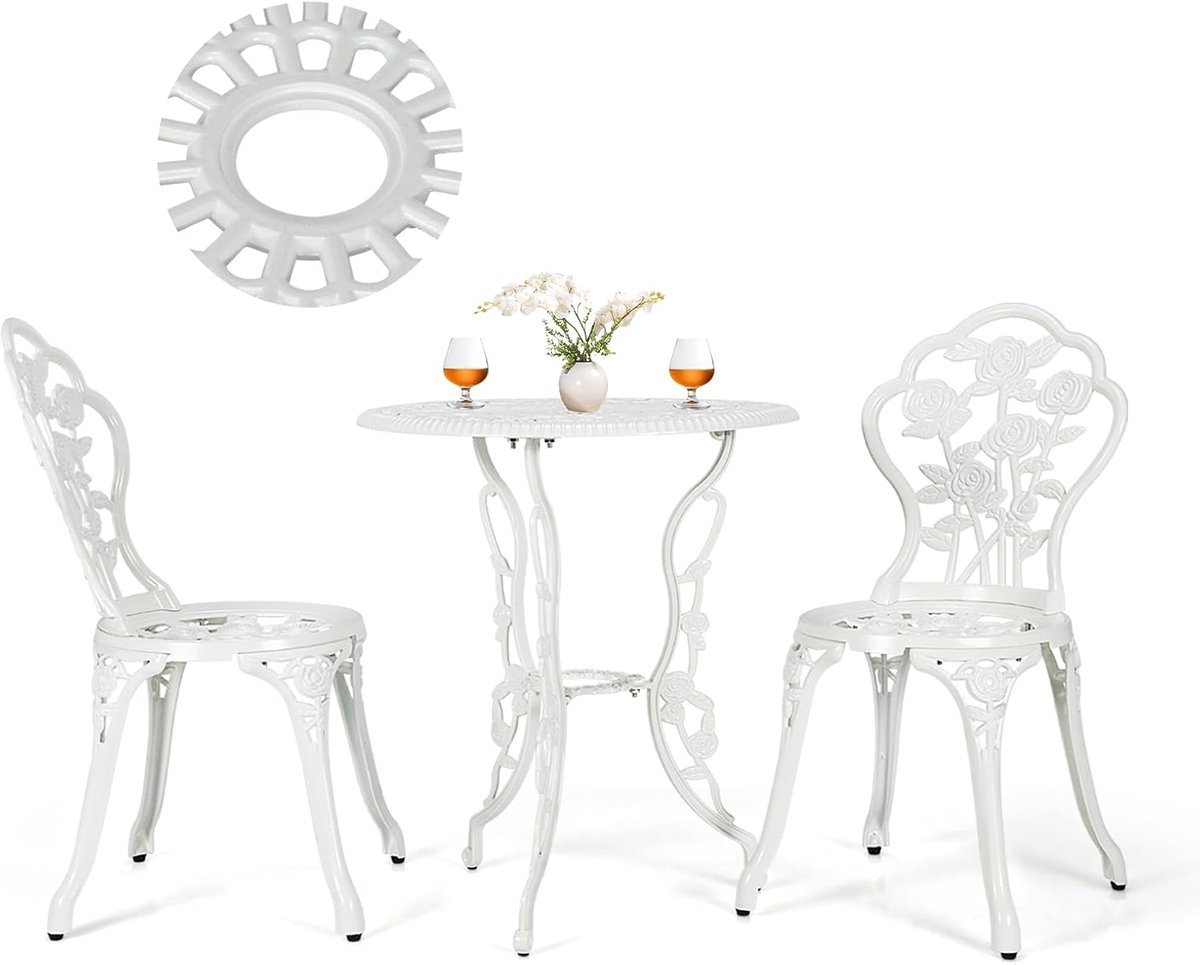 KOMFOTTEU 3-delige tuinmeubelset, tuintafel met 2 tuinstoelen, weerbestendige bistroset van aluminium, zitgarnituur met rozenpatroon voor balkon, tuin, terras (wit)