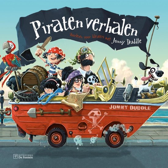 Kinderen en een hond, verkleed als piraten, rijden in een oranje amfibievoertuig met de tekst 'Piratenverhalen' op een banier.