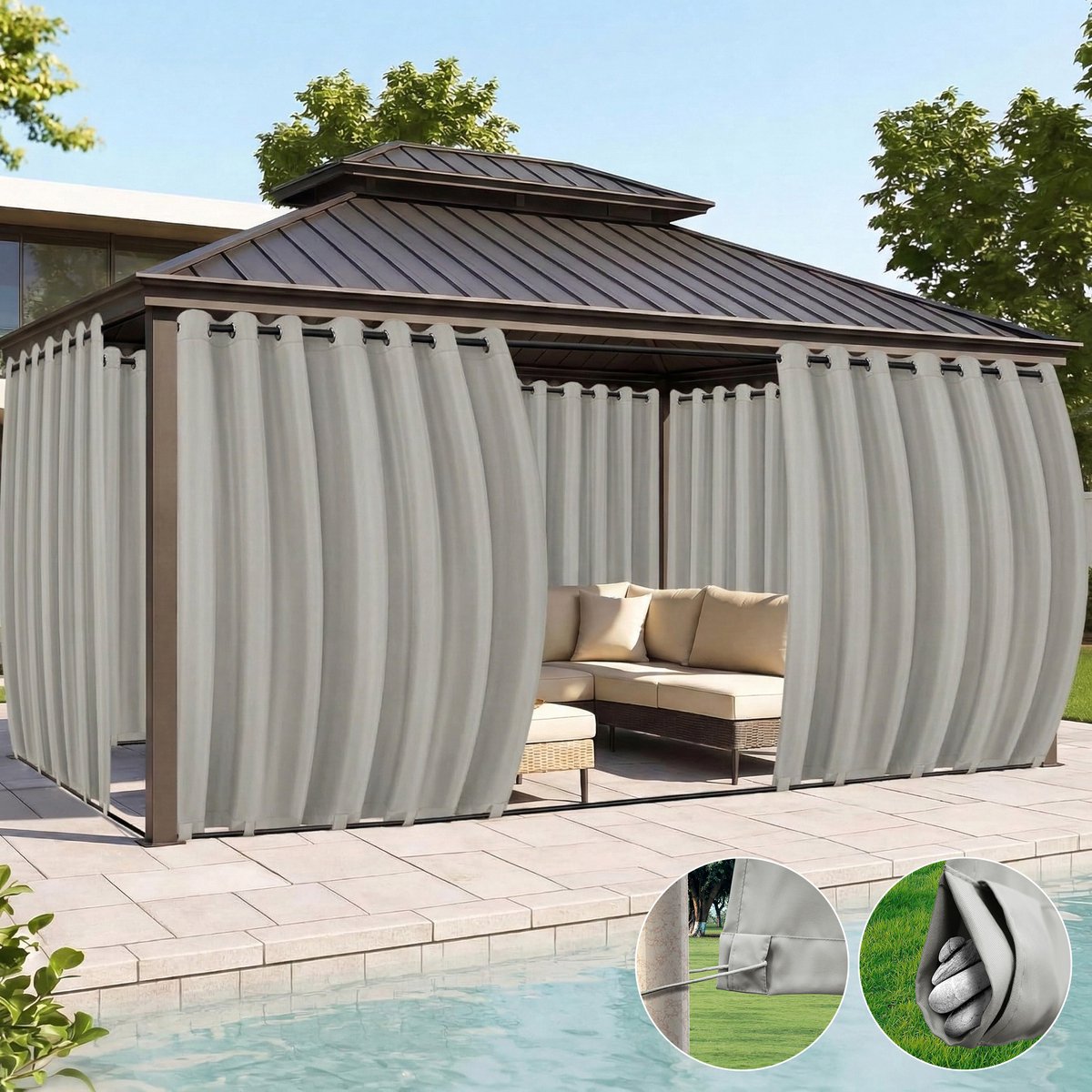 Qelus Extra Breed Buitengordijn Winddicht & Waterdicht - Outdoor Gordijn met Oogjes (Boven) en Anti-wind Lussen (Onder) - Weerbestendig voor Pergola - 180x274cm - Lichtgrijs - 1 Stuk