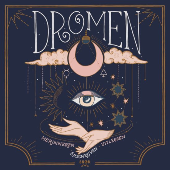 Illustration avec le texte Dromen. Comprend un œil, le soleil, la lune, des étoiles et des mains. Écrire, se souvenir, expliquer.