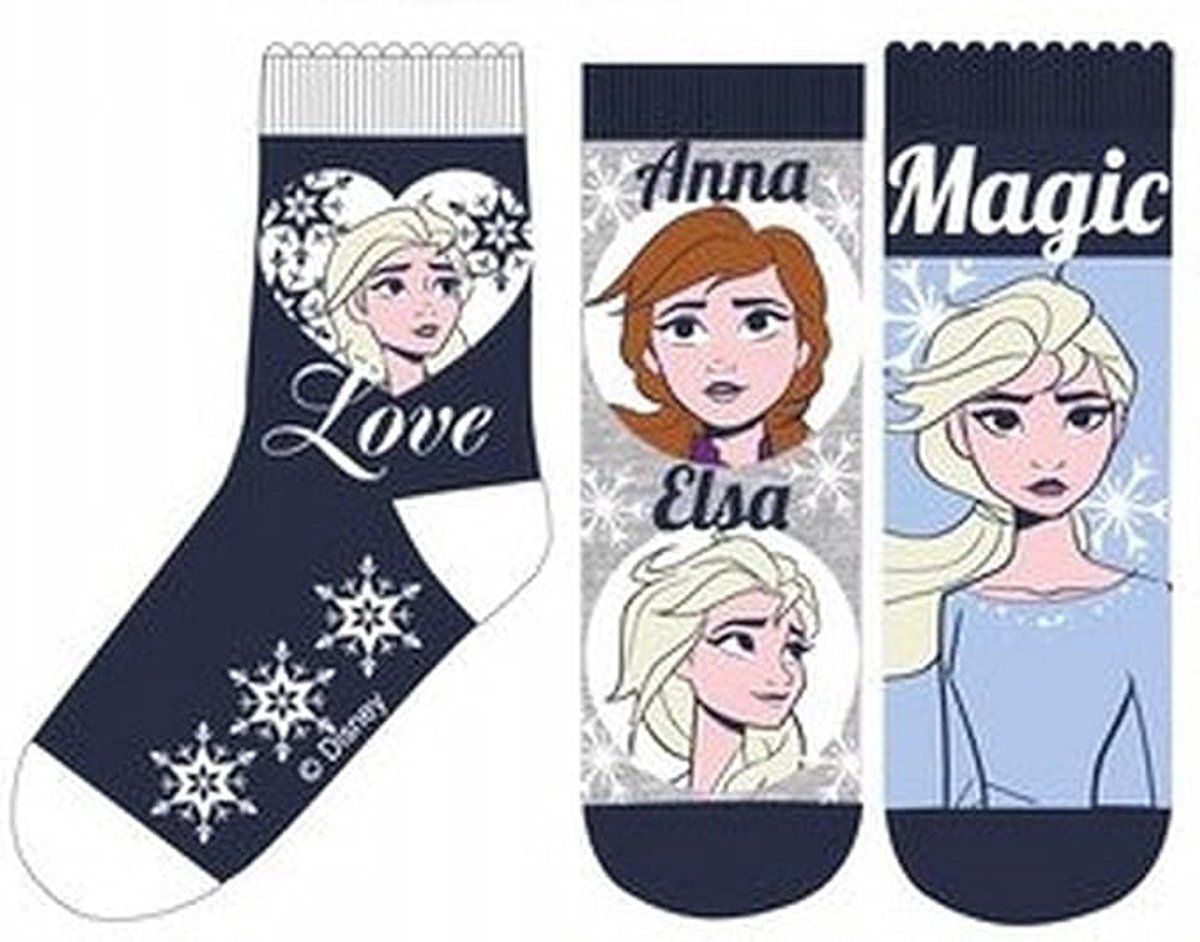 Disney Frozen Sokken - Maat 23-26 - Lange sokken - 3 paar - Kindersokken - Voor kinderen - Blauw - Wit - Grijs