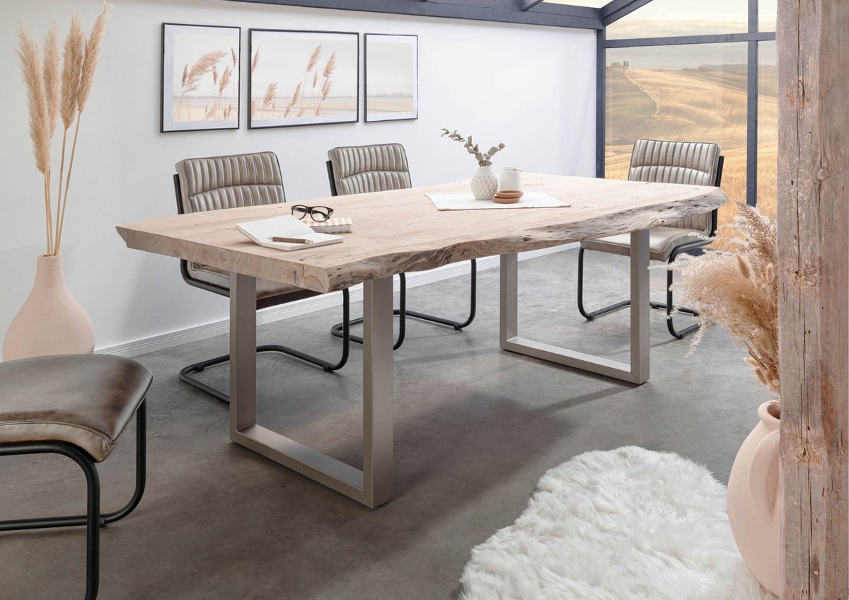 MASSIVMOEBEL24 .DE FREEFORM #141 eettafel beige gelakt massief hout acacia 150x100x78 cm (BxTxH)