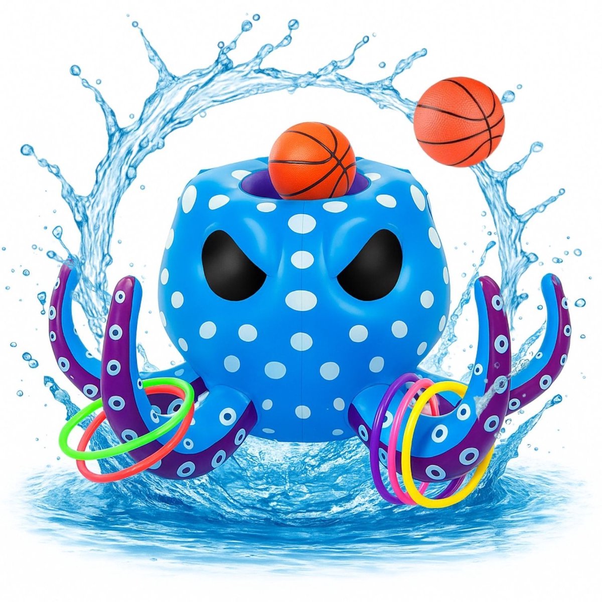 2-in-1 waterbasketbal- en ringwerpspel, blauwe waterspelset, opblaasbaar waterbalspel KRAKI basketbalring met 6 ringen, 2 ballen, 2 pompen, voor kinderen en volwassenen in het zwembad, op het strand of in het zwembad zelf.