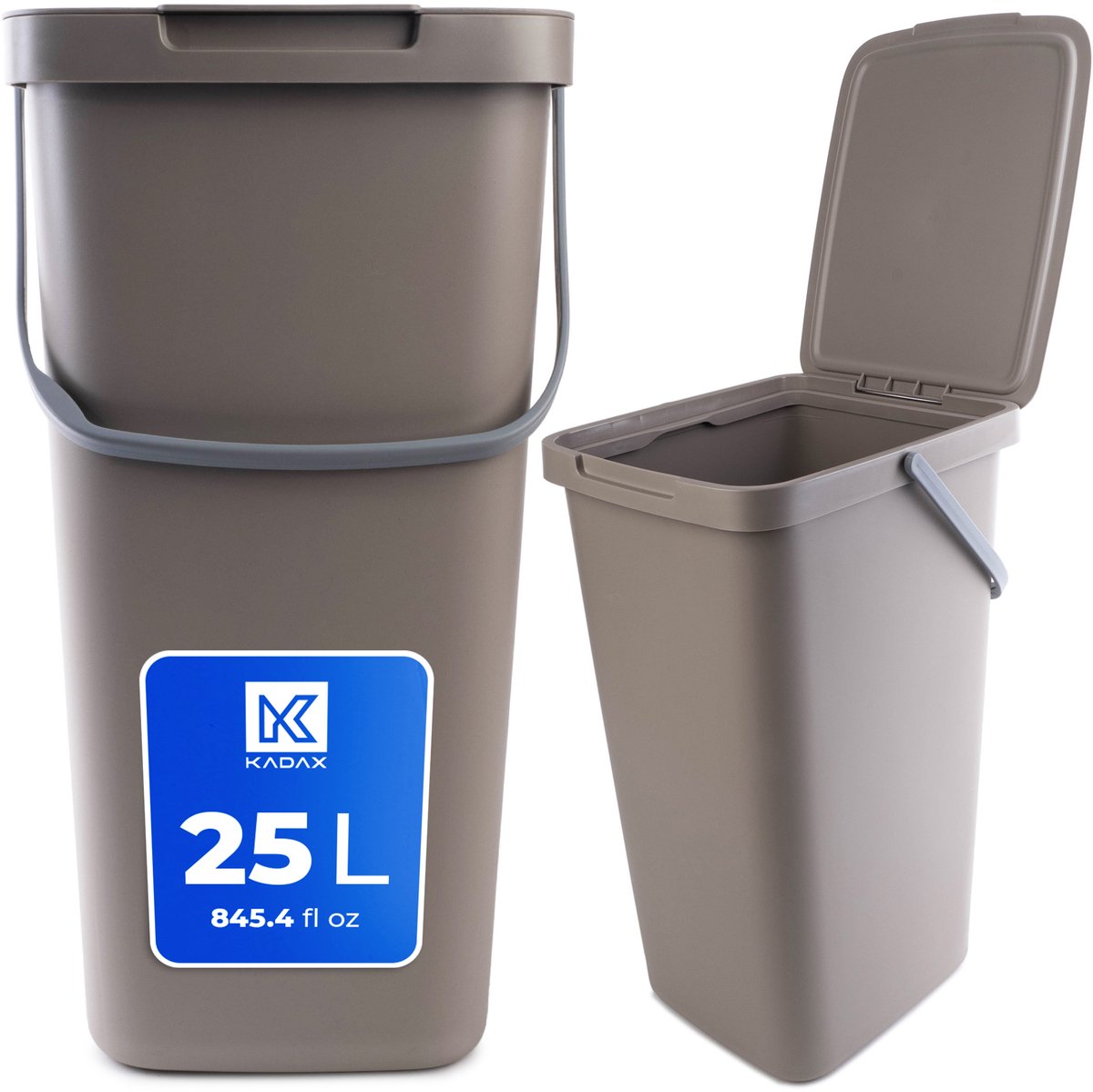 Kadax Afvalemmer, met deksel en handvat, van plastic, vuilnisemmer, voor afvalscheiding, rechthoekig, met klapdeksel, bruin, 25 l
