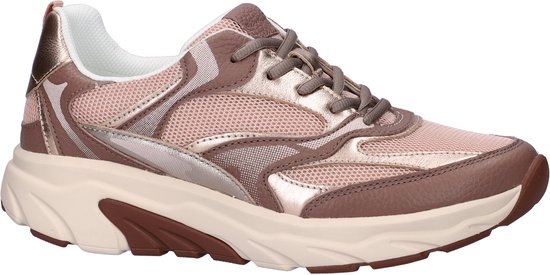 Zijzicht van een roze Gabor Rollingsoft sneaker met mesh en metallic panelen, witte zool.