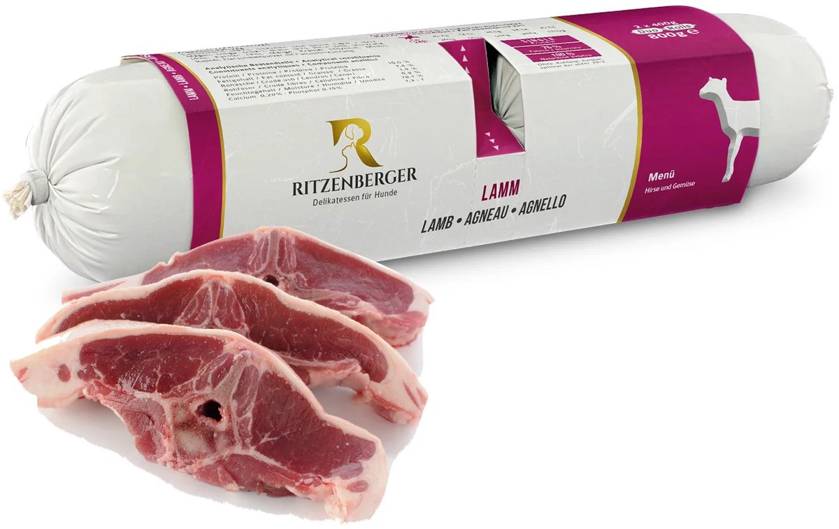 Ritzenberger Lam met Gierst en Groenten gestoomde worst. 24 x 400 gram (doos 12 rollen, 9,6 kilo totaal)