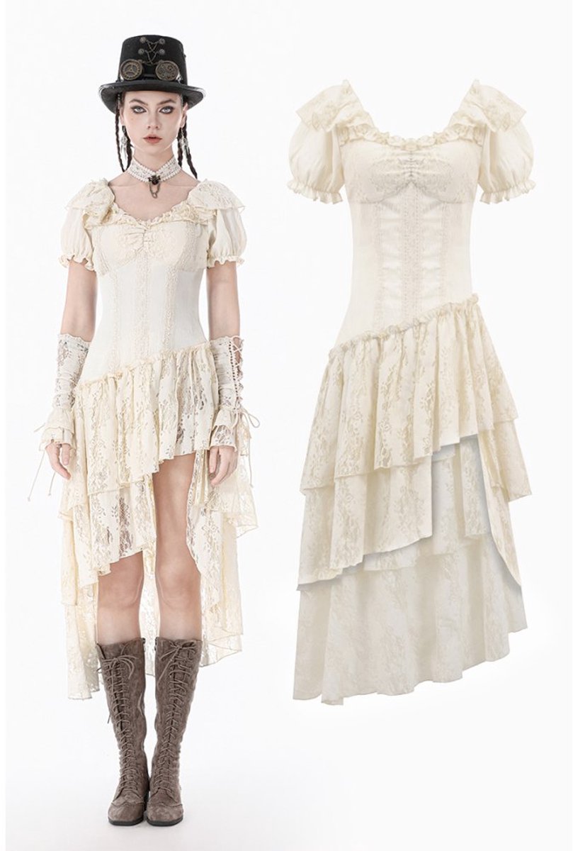 Dark in Love - Steampunk Layered Ruffle asymmetrical High low jurk - M - Creme