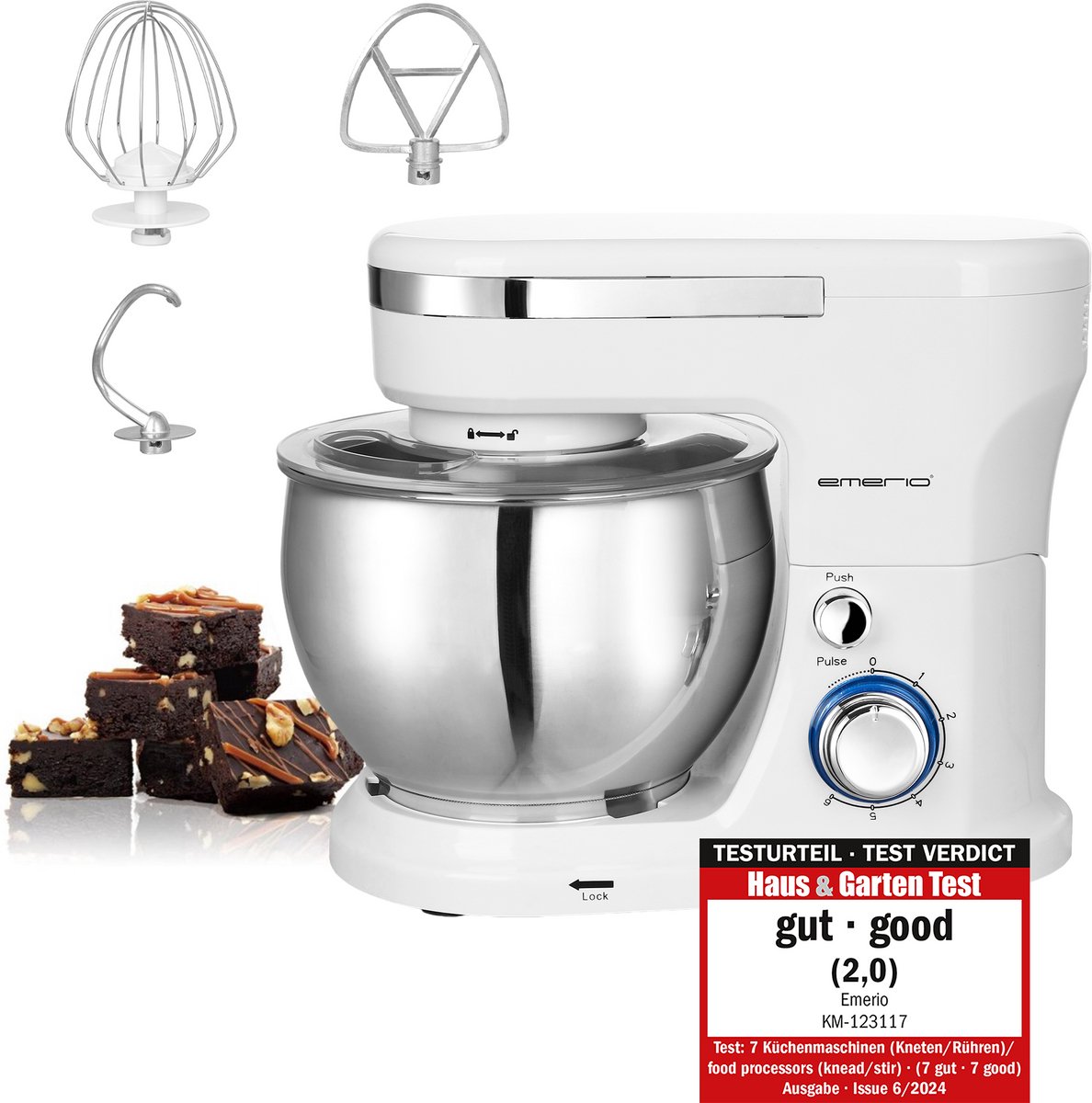 EMERIO KM-123117 - Keukenmachine kneedmachine roermachine met 5 liter roestvrijstalen kom + 3 roergereedschappen + spatbescherming met vulopening 1000 Watt power 6 snelheden + Pulse Retro BPA vrij Wit