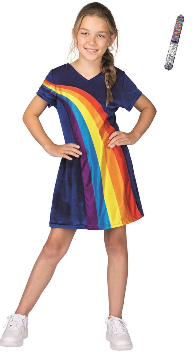 K3 jurkje regenboog - regenboogjurkje - verkleedjurk - maat 3-5 jaar + glitter armband Pakket