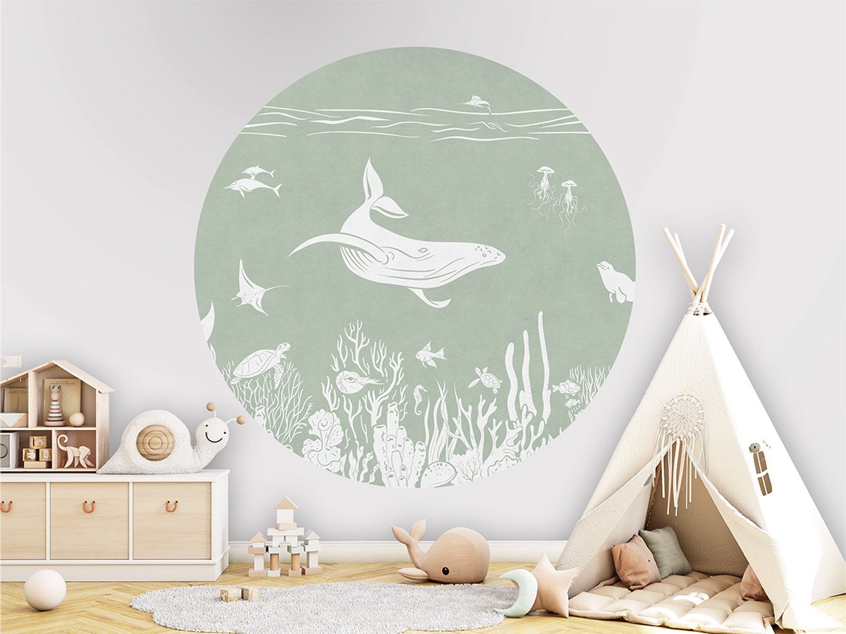 Muursticker - Behangcirkel - Kinderkamer - Decoratie rond - muurdecoratie - ø 80 cm - Onderwaterwereld - Groen - Monochrome Sea Green