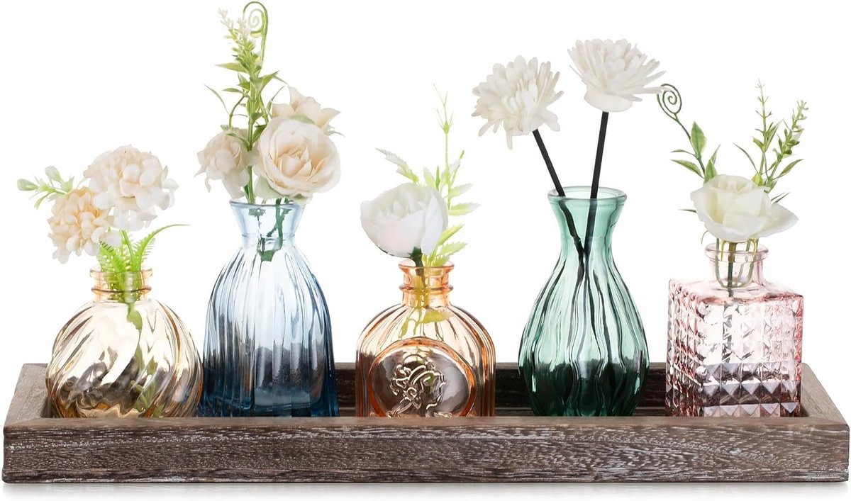Famanu Kleine Glazen Vaas Voor Thuis: 5 Kleurrijke Bud Vases Met Houten Dienblad Voor In De Woonkamer Kantoor Eettafel Tafelstuk - Classy Bloemenvazen Set Voor Verjaardag Verjaardagscadeaus Multicolor
