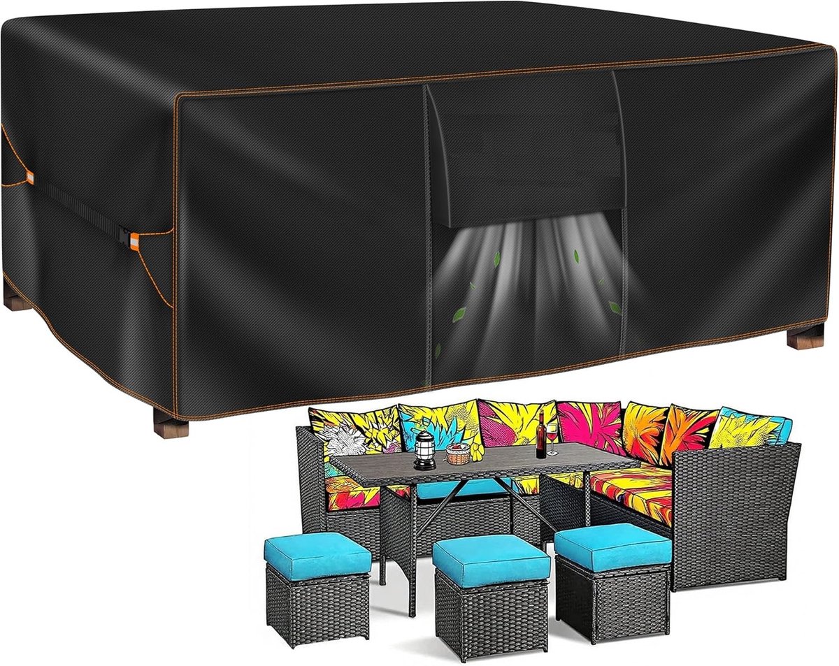 Famanu Tuinmeubelhoes, waterdichte hoes voor tuinmeubelen, tuintafelhoezen met ventilatieopeningen, rotan meubelhoezen, winddichte tafelhoes voor buiten, 242x182x100cm zwart