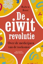 Boekomslag: De eiwit revolutie - Ruben Boot. Geel met rode details en moleculaire structuren.