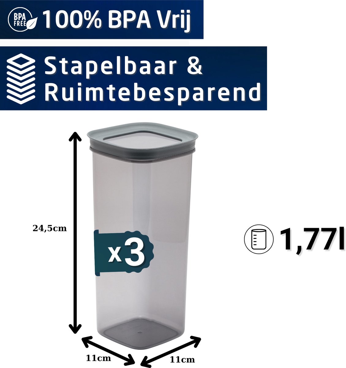 Mutfac Voorraadpotten Set 3-delig Voorraadbussen Kunststof Antraciet Vershouddoos Luchtdicht Stapelbaar Diepvriesbestendig - 1770ml