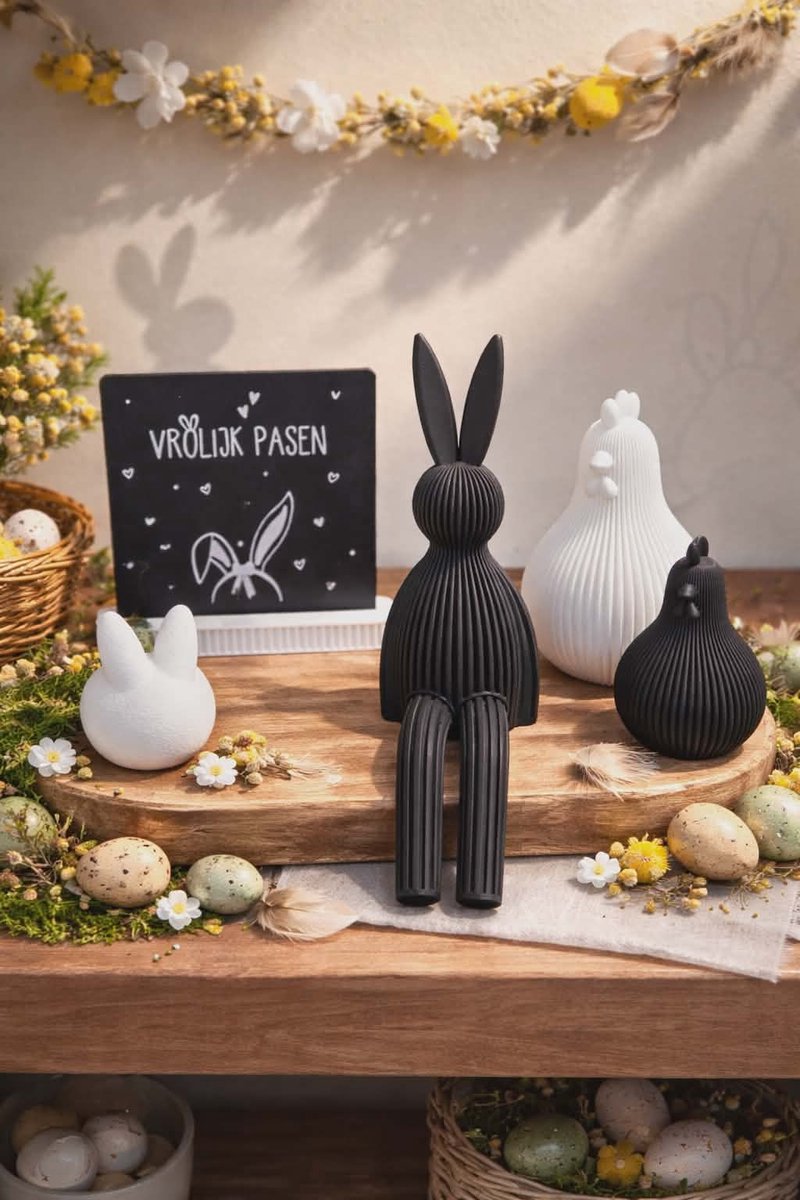 Moderne Paasdecoratie Set – Zwart & Wit – 3D Geprint – Vrolijk Pasen - Rona Design - Paasdecoratie - Pasen