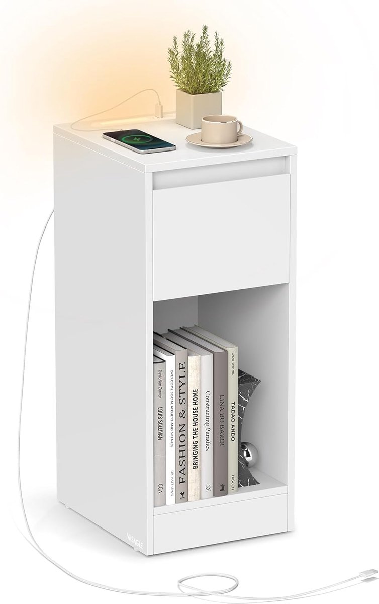 VASAGLE Set van 2 slanke nachtkastjes met LED-verlichting, 1 USB-A-poort, 1 USB-C-poort en lade met open compartiment voor slaapkamer en woonkamer, Cloud White LET710W01