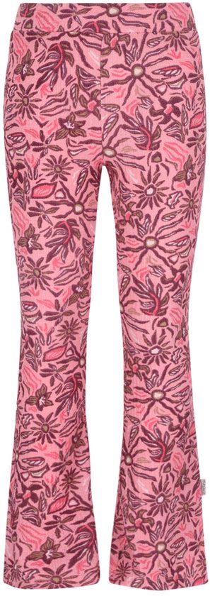Roze flared broek met een all-over bloemenprint in paars en bruin.
