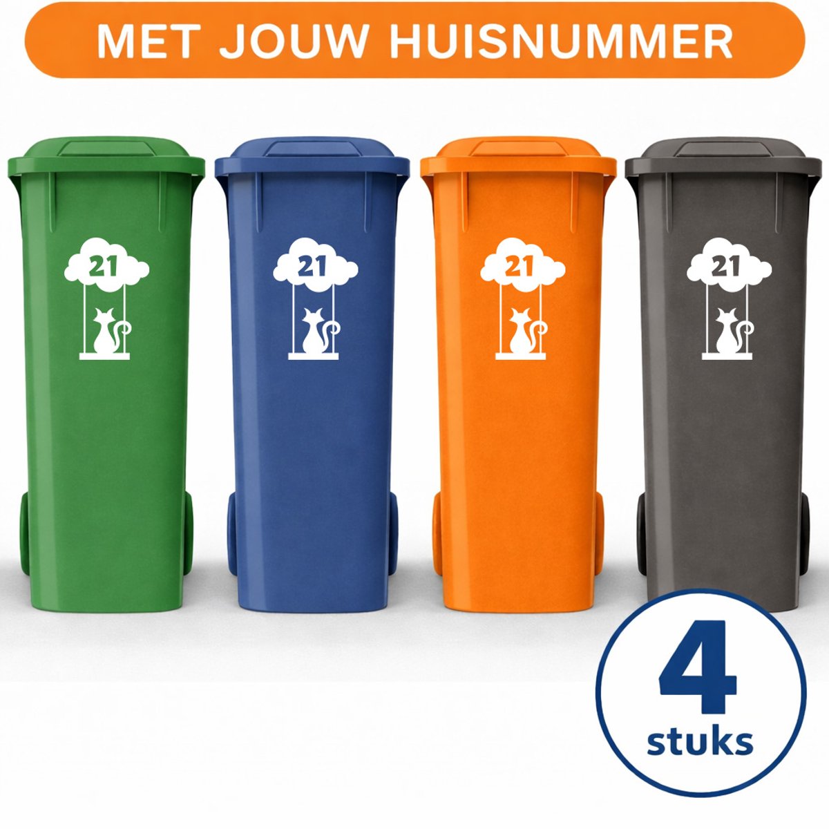 Container Stickers XL - 4 stuks - Kat / poes op Wolk met Huisnummer - Sticker voor Afvalcontainer / Kliko - Klikosticker