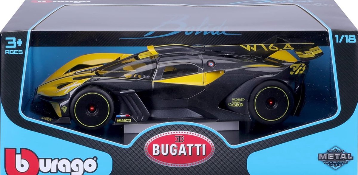 Burago B18-11047Y Bugatti BOLIDIE Super Car-1:18 Scale Die Cast, Yellow