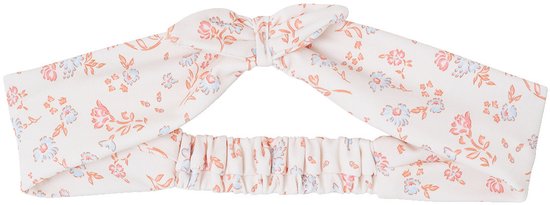 Witte haarband met knoopdetail en een all-over bloemenprint in roze en blauw.