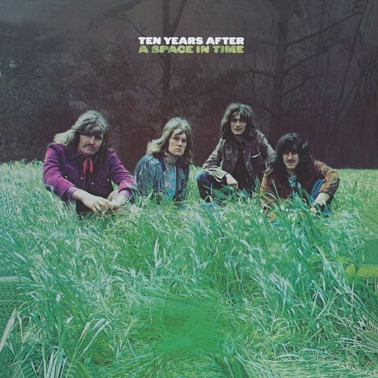 Quatre hommes assis dans l'herbe haute, avec le texte 'TEN YEARS AFTER A SPACE IN TIME' au-dessus d'eux.
