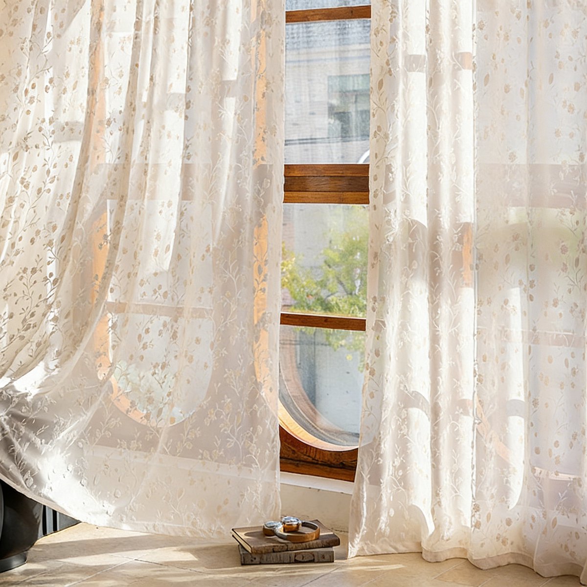 Floraweg Crèmekleurige vitrages met reliëf en kleine bloemmotieven – halfdoorzichtige, dromerige vitrages voor de woonkamer en het balkon, 132x160cm