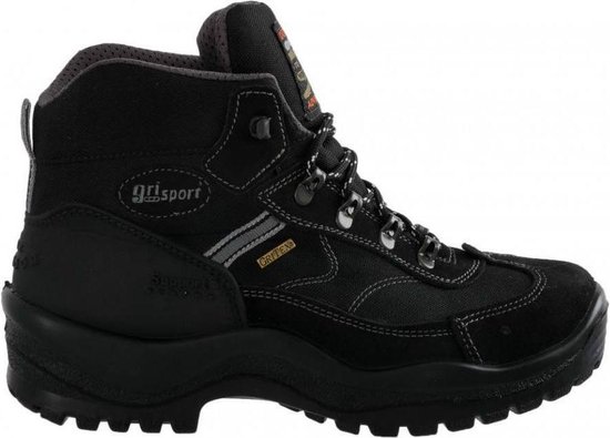 Zijzicht van een zwarte Grisport Torino Mid wandelschoen met grijs accent.