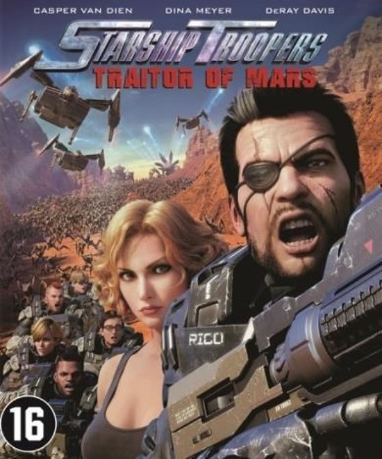 Promotionele poster voor Starship Troopers: Traitor of Mars met een man met een ooglapje en wapen, en een vrouw met blonde haren, met soldaten en insectachtige wezens op de achtergrond.