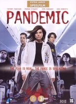 Filmcover "Pandemic" met Tiffany Thiessen in witte doktersjas, omringd door medepassagiers en FBI-agenten in een vliegtuig.
