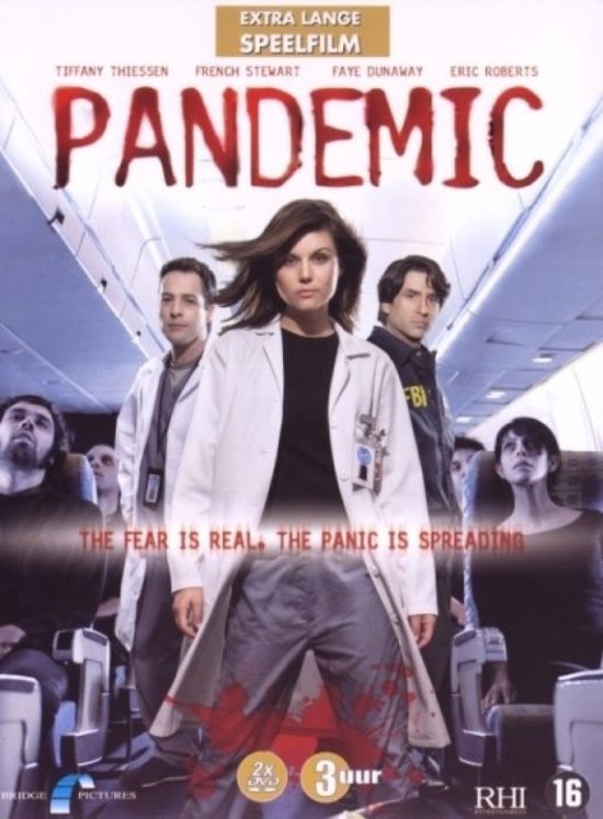 Filmcover "Pandemic" met Tiffany Thiessen in witte doktersjas, omringd door medepassagiers en FBI-agenten in een vliegtuig.