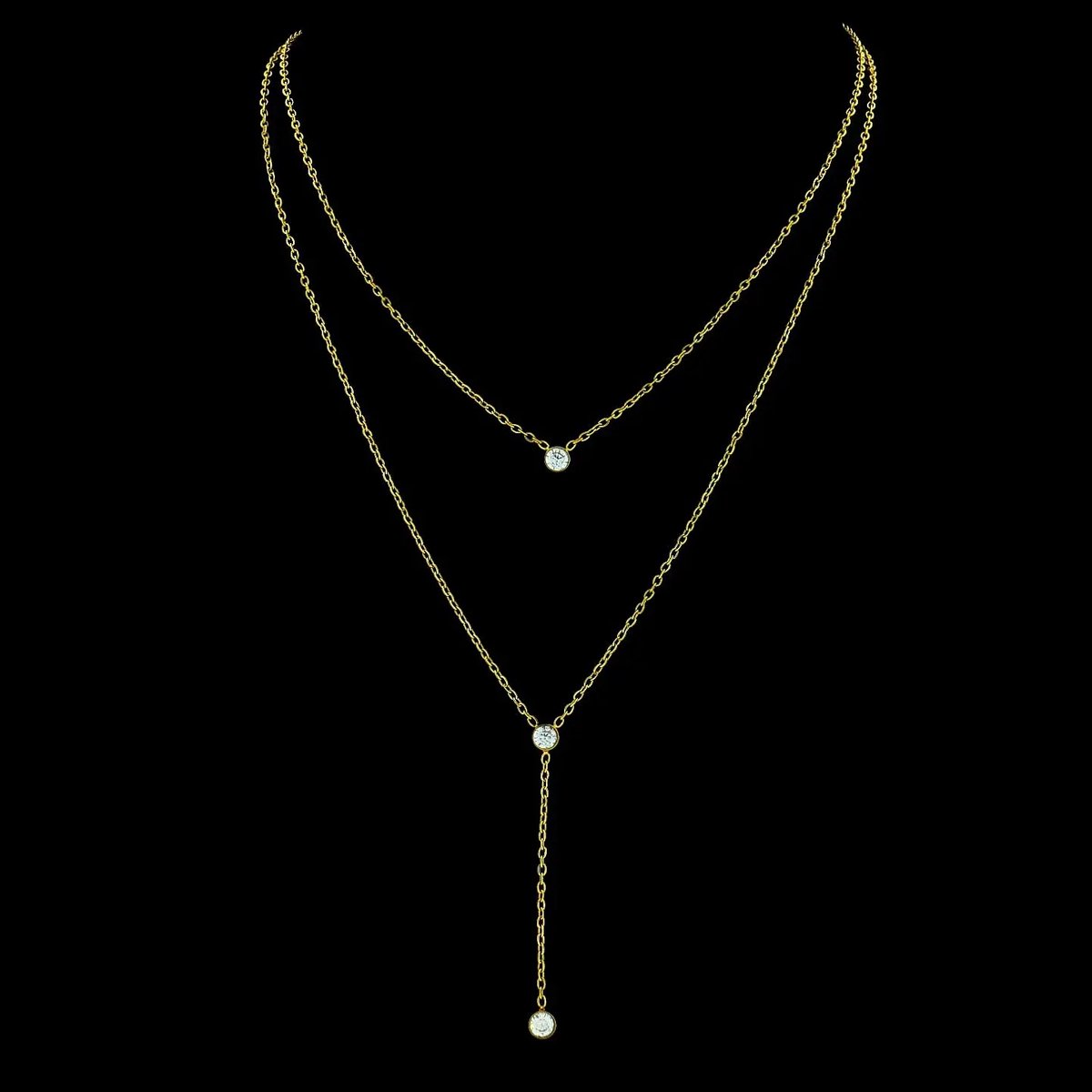 Victoria Valenza Goudkleurige RVS Dubbele Collier met Zirkonia Stenen - Ketting - Goudkleurig - RVS - Dubbele ketting - Zirkonia