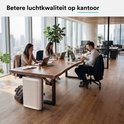 Witte luchtreiniger in een kantoor met werkende mensen.