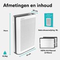 Afmetingen van de witte luchtreiniger: 74cm hoog, 51cm breed, 20cm diep, 12,5kg zwaar. Met filterset en handleiding.