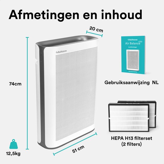 Afmetingen van de witte luchtreiniger: 74cm hoog, 51cm breed, 20cm diep, 12,5kg zwaar. Met filterset en handleiding.