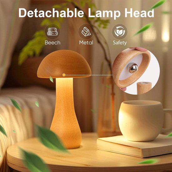 Enkele Houten Paddenstoel Lamp - Touchschakel - Oplaadbaar - 360° Draaibaar - Traploos Dimmed - Voor Nachtkast en Woonkamergebruik van Merkloos — afbeelding 4