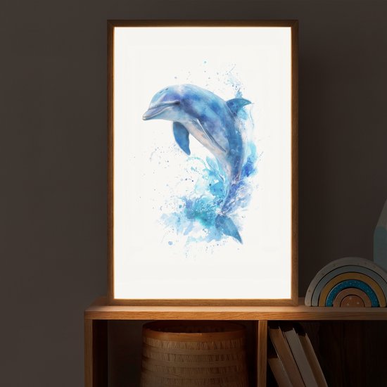Nachtlampje 40x60 cm - Kinder lamp - Dolfijn - Water - Blauw - Tafellamp kinderkamer draadloos - Slaapkamer lampje - Bedlamp kinderen - Kinderlampje - Wandlamp babykamer - Nachtlampjes van OnlyWow — afbeelding 2