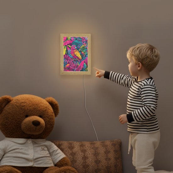 Nachtlampje 15x20 cm - Kinder lampje - Papegaai - Tropisch - Jungle - Kleurrijk - Tafellamp kinderkamer - Slaapkamer lamp - Bedlamp kinderen - Kinderlampje stopcontact - Wandlamp babykamer - Nachtlampjes van Merkloos — afbeelding 5