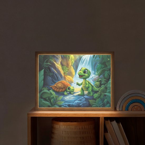 Nachtlampje 40x30 cm - Kinder lamp - Schildpad - Dino - Jungle - Waterval - Tafellamp kinderkamer draadloos - Slaapkamer lampje - Bedlamp kinderen - Kinderlampje - Wandlamp babykamer - Nachtlampjes van OnlyWow — afbeelding 2