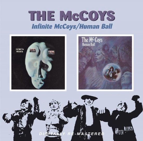 Albumhoes met 'THE MCCOYS Infinite McCoys/Human Ball' en drie afbeeldingen: twee LP-hoezen en een gestileerde tekening van vier mannen.