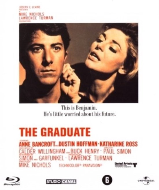 Filmcover van "The Graduate" met Dustin Hoffman en Anne Bancroft. Tekst: "This is Benjamin. He's little worried about his future."