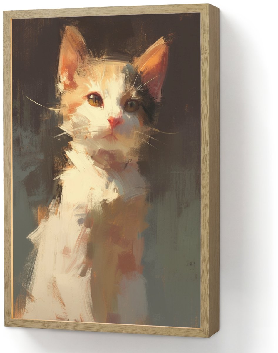 Wandlamp 40x60 cm - Oplaadbaar - Kat - Geschilderd - Artistiek - Wit - Wandlampen binnen w