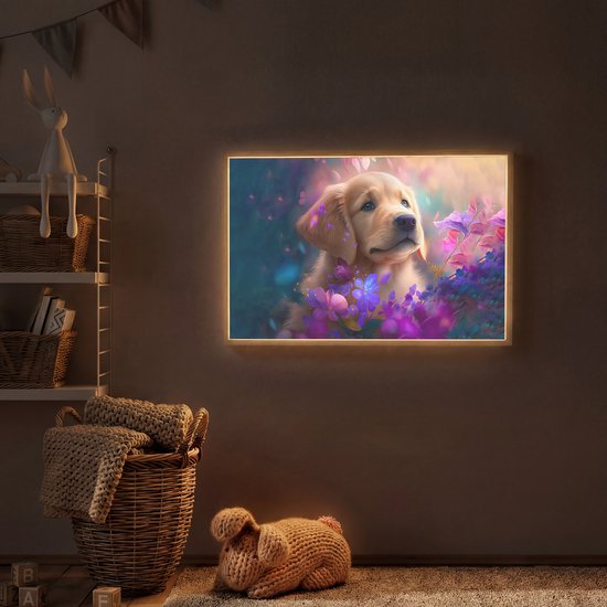 Nachtlampje 90x60 cm - Kinder lamp - Hond - Puppy - Zon - Bloemen - Golden retriever - Tafellamp kinderkamer draadloos - Slaapkamer lampje - Bedlamp kinderen - Kinderlampje - Wandlamp babykamer - Nachtlampjes van Merkloos — afbeelding 2
