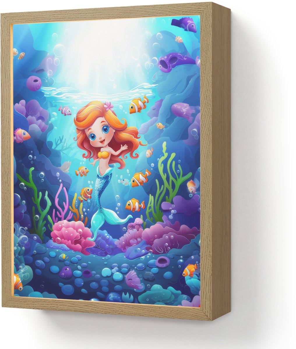Wandlamp 30x40 cm - Oplaadbaar - Zeemeermin - Onderwaterwereld - Vissen - Oceaan - Wandlam