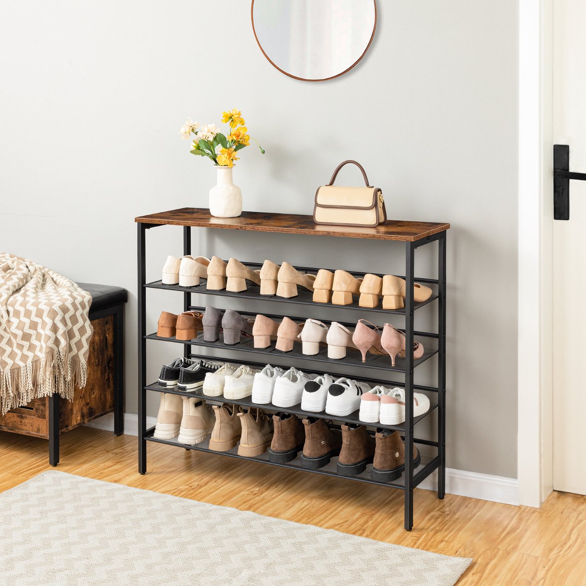 Schoenenrek 5 Lagen met Houten Bovenblad – Industrieel Schoenenrek Metaal – Opbergrek voor 15-20 Paar Schoenen – 100x30x85 cm – Zwart/Bruin