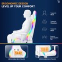 Wit ergonomisch ontworpen gamingstoel met nek- en rugsteunen, verstelbaar in 4 posities. Inclusief afneembare nek- en rugkussens.