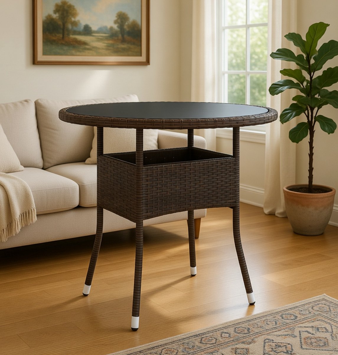 Tuintafel Ø80x75 cm Rond – Outdoor Terrastafel met Gehard Glas & Polyrotan – Weerbestendige Balkon Tafel Bruin – Laura