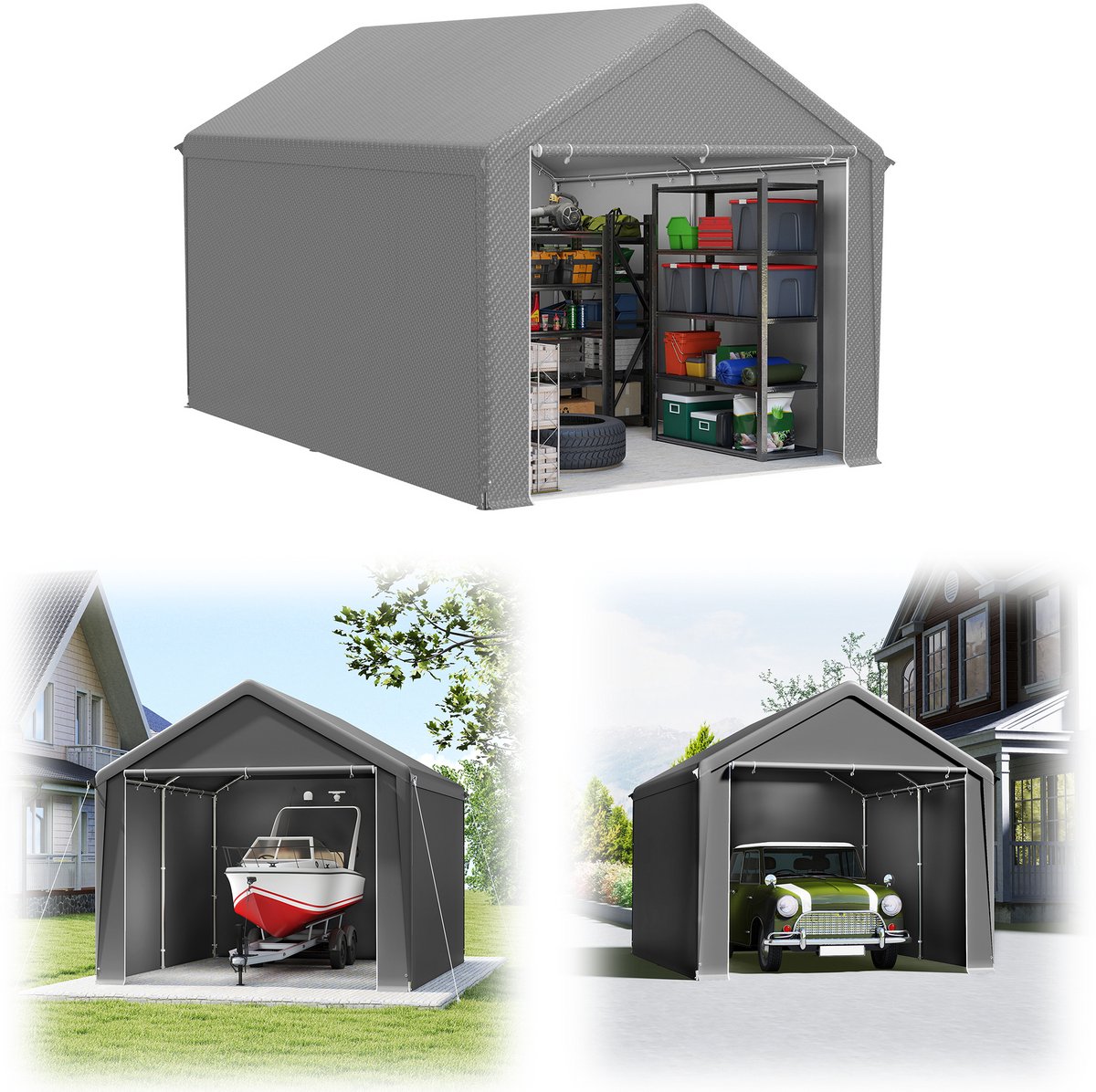 Gereedschapsschuur Gereedschapstent 3x4m (12㎡) Vouwpaviljoen UV-Bescherming Garagentent Met Zijwanden & Ventilatieopeningen Waterdicht PE Stof En Metaalframe Buiten Carport Grijs NAIZY