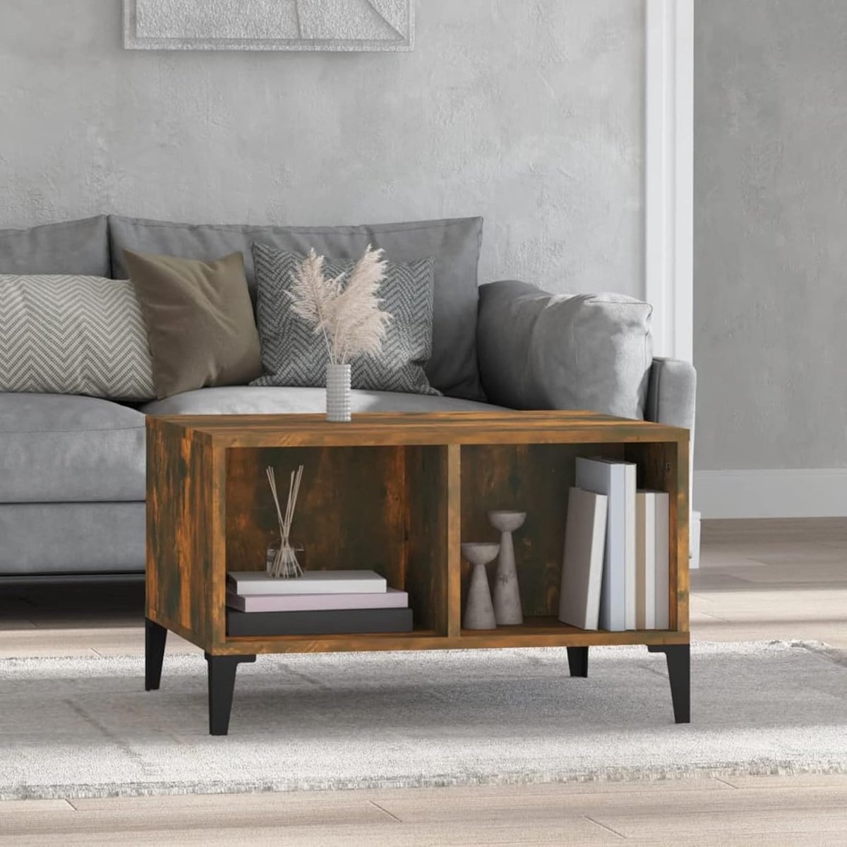 Salontafel Hout - Bijzettafel Bank - Woonkamer Inrichting - Met Open Vakken - 60x50x36.5cm - Gerookt Eiken